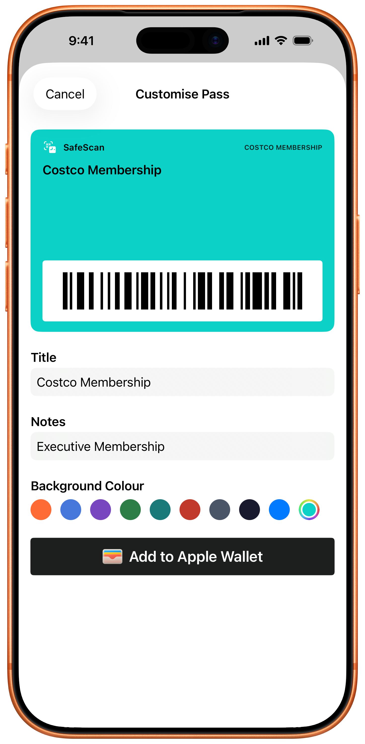 SafeScan Wallet showing add to Apple Wallet from Scan Detail view