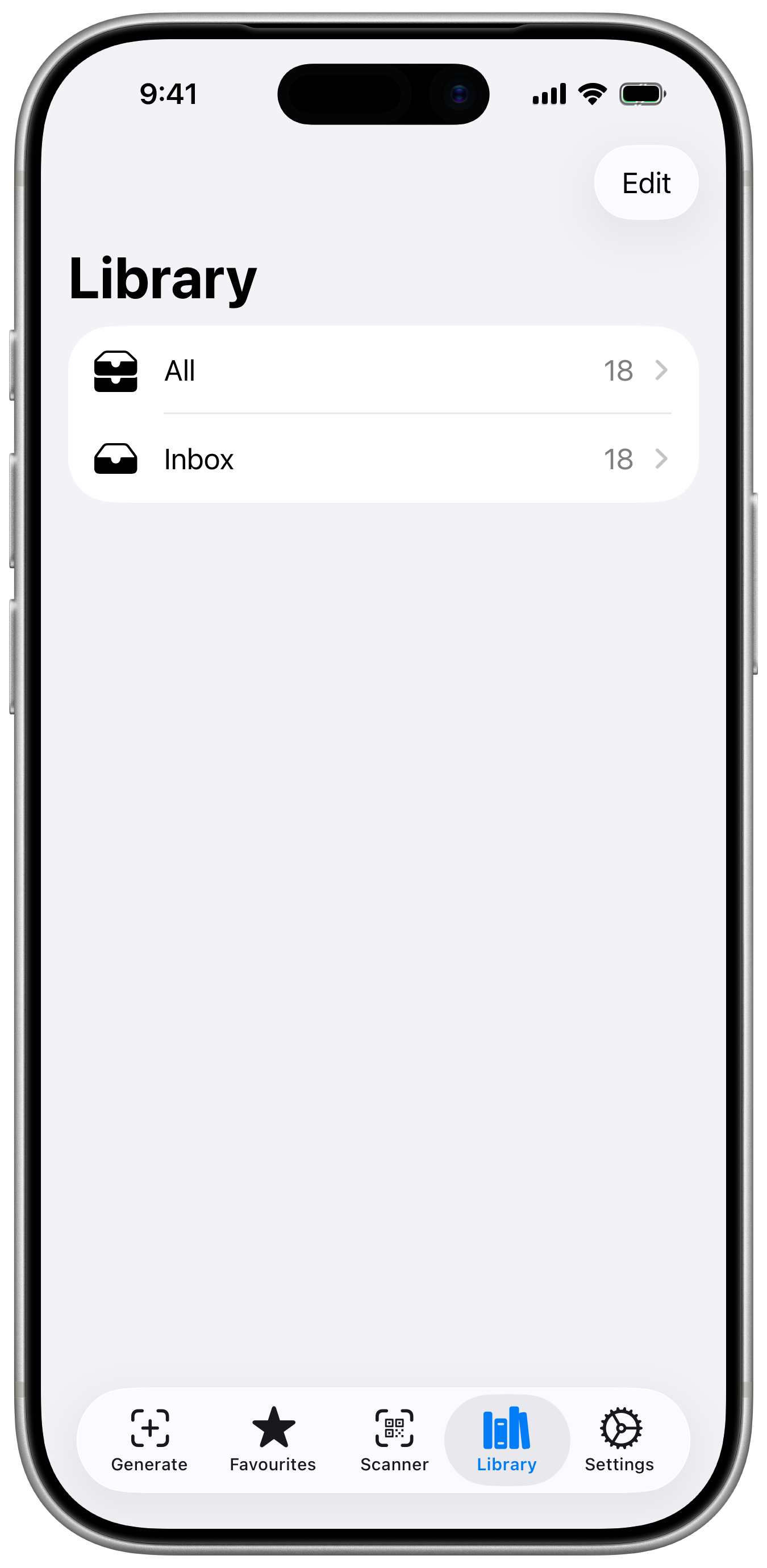 SafeScan Wallet library showing custom categories in a mail-style sidebar