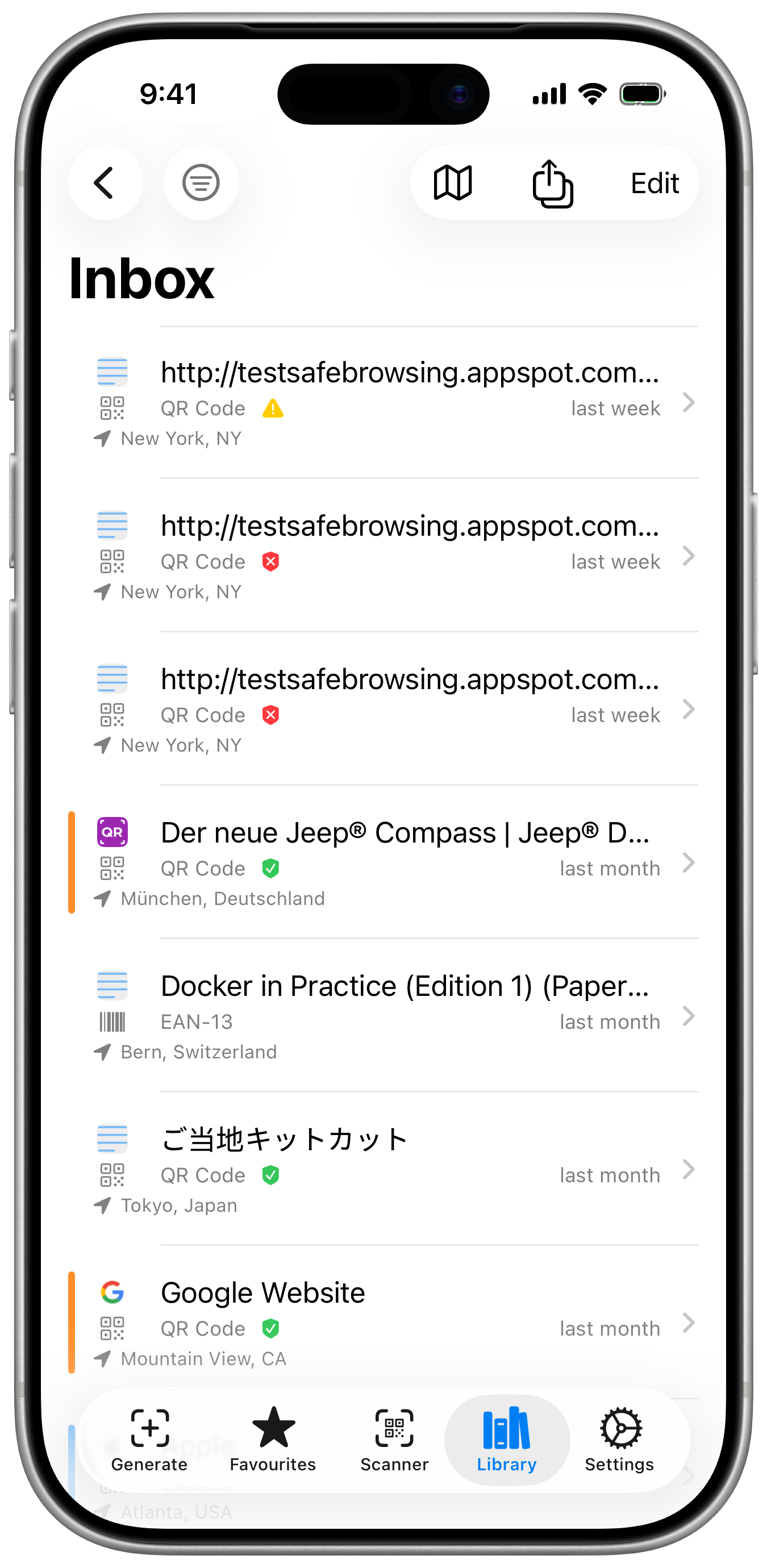 SafeScan Wallet showing link safety risk badges in the scan list